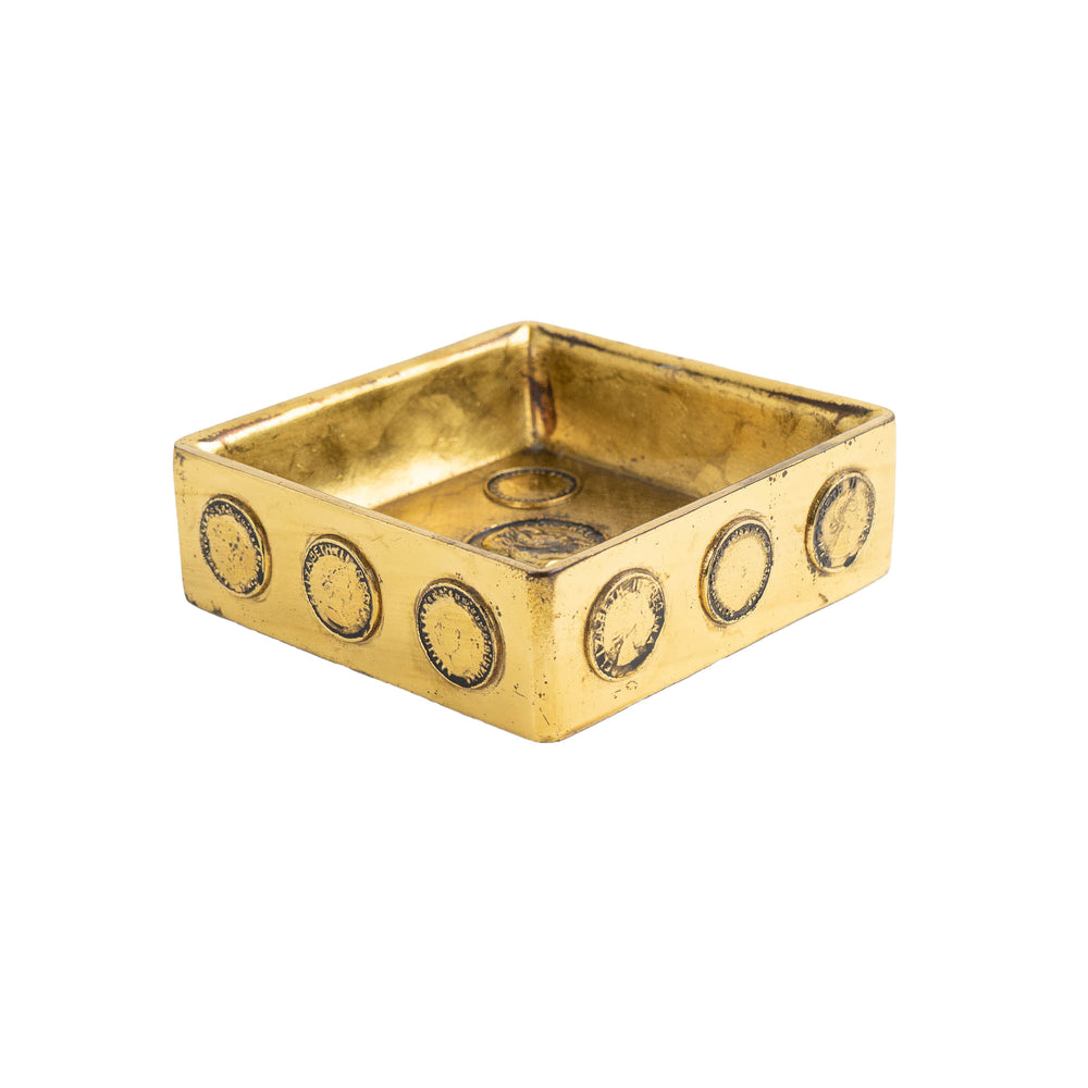 Vintage square brass ashtray featuring decorative historic Napoleon and Elizabeth coins, repurposed as jewelry catchall