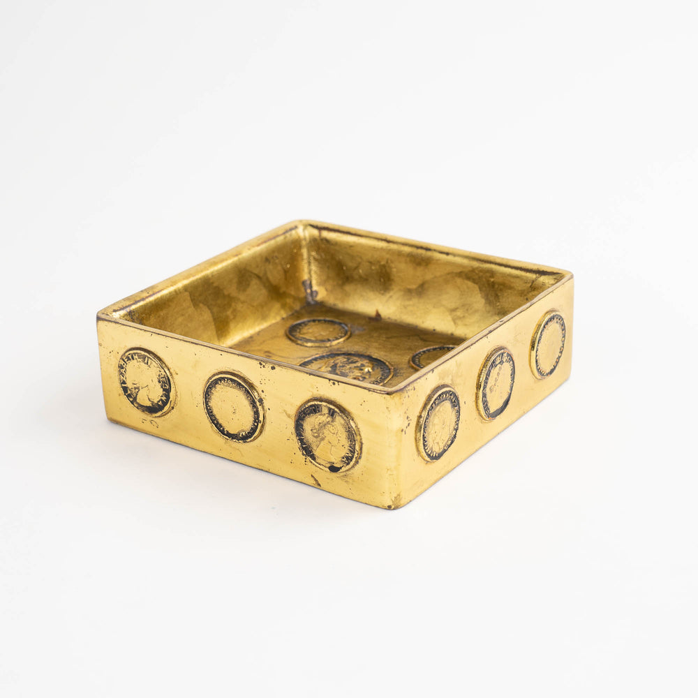 
                  
                    Mid-century square brass ashtray featuring decorative historic Napoleon and Elizabeth coins
                  
                