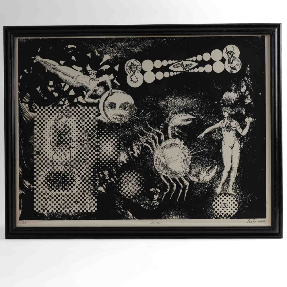 
                  
                    Vintage Leo Russell signed artist proof lithograph of Cancer zodiac sign in black on off-white background
                  
                