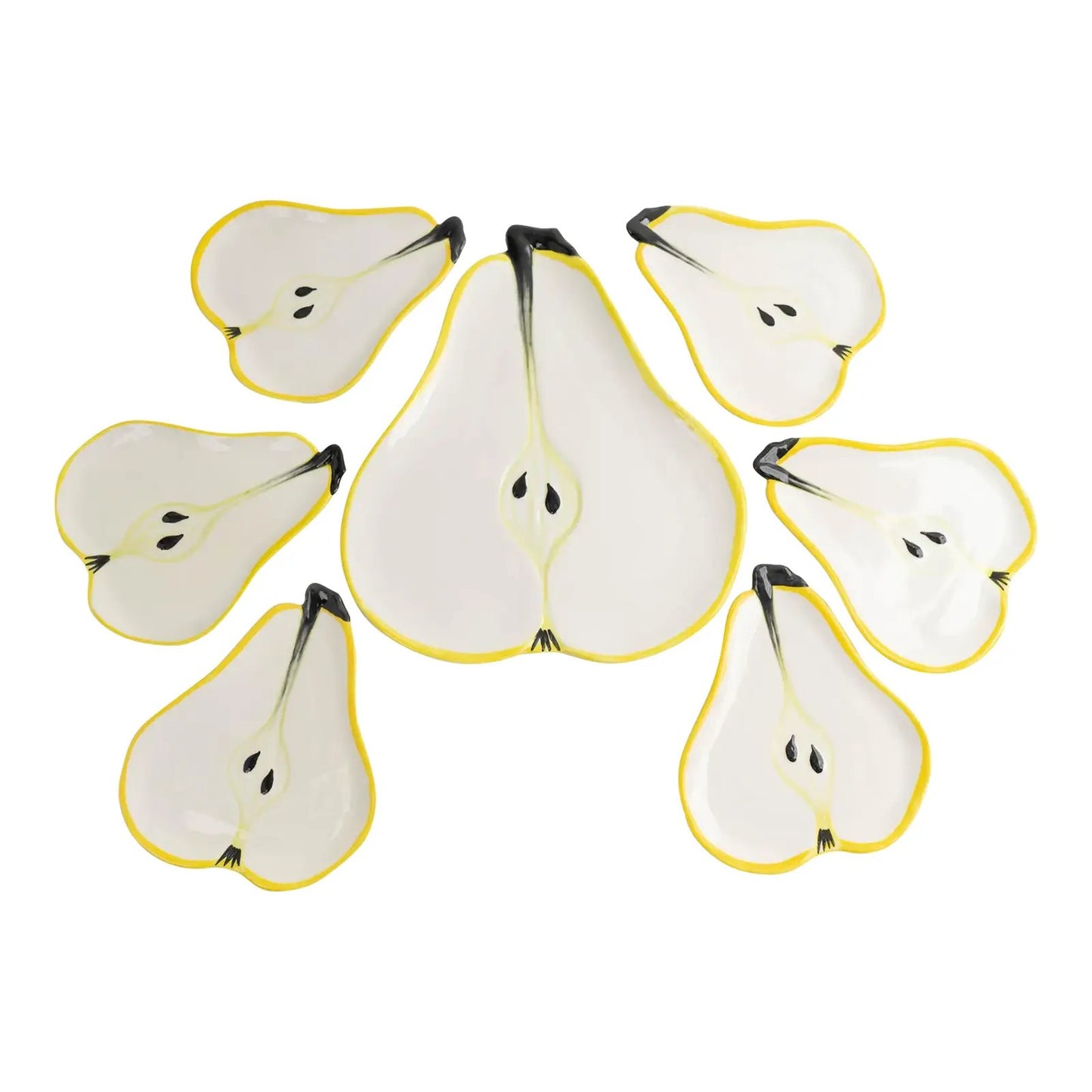 Set of seven vintage hand-painted pear-shaped ceramic plates designed by Ernestine Cannon and made in Salerno, Italy