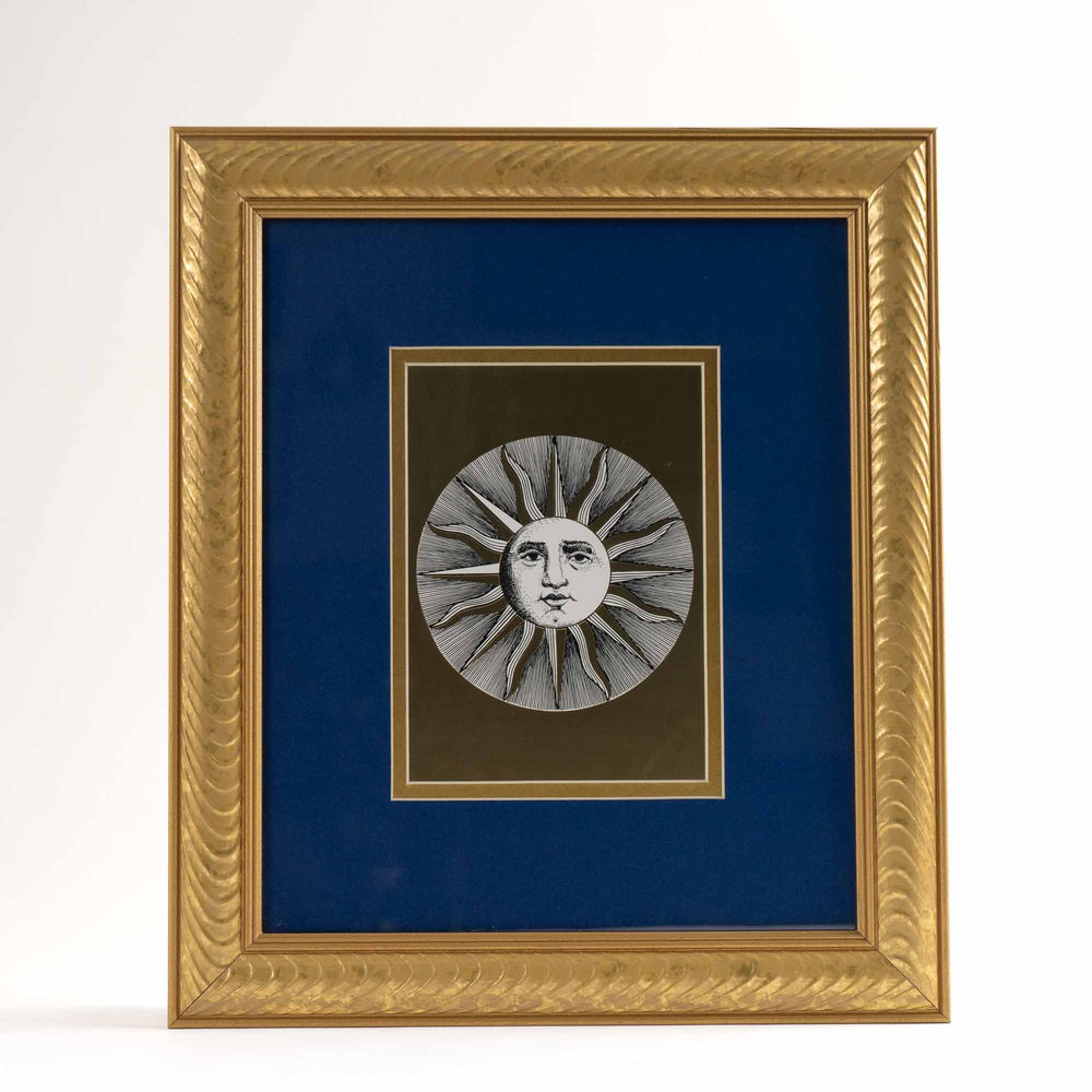
                  
                    Pair of vintage Fornasetti Soli (sun) prints in gold frames with blue matting and metallic gold sun details
                  
                