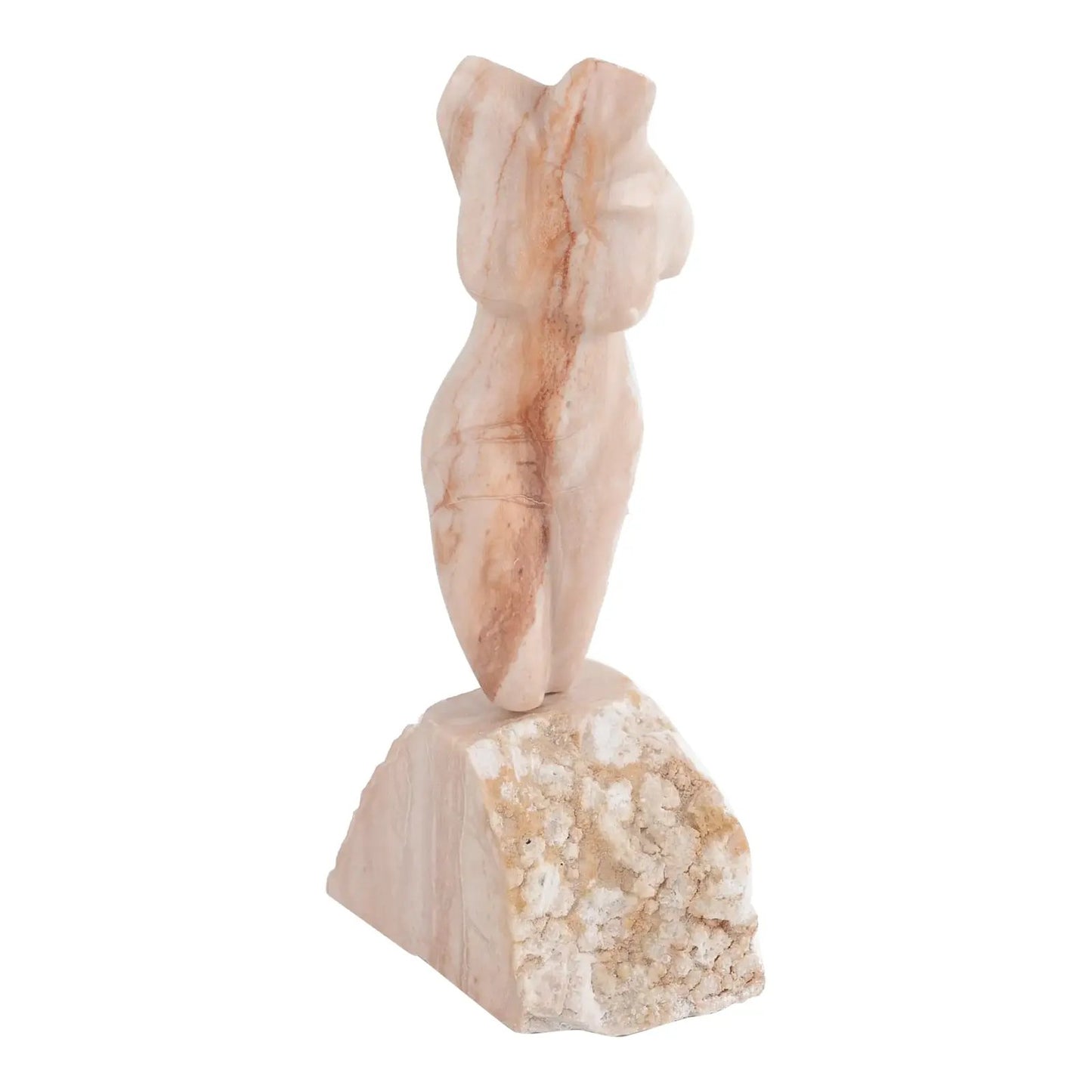 Hand-carved pink alabaster nude female torso sculpture by American artist Bryan Ross, signed, with base, 20th century.