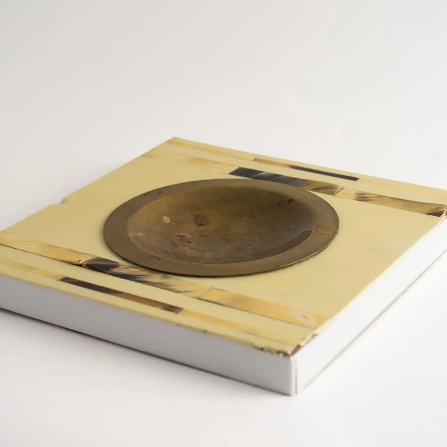 Vintage square horn inlay catchall with round brass ashtray center