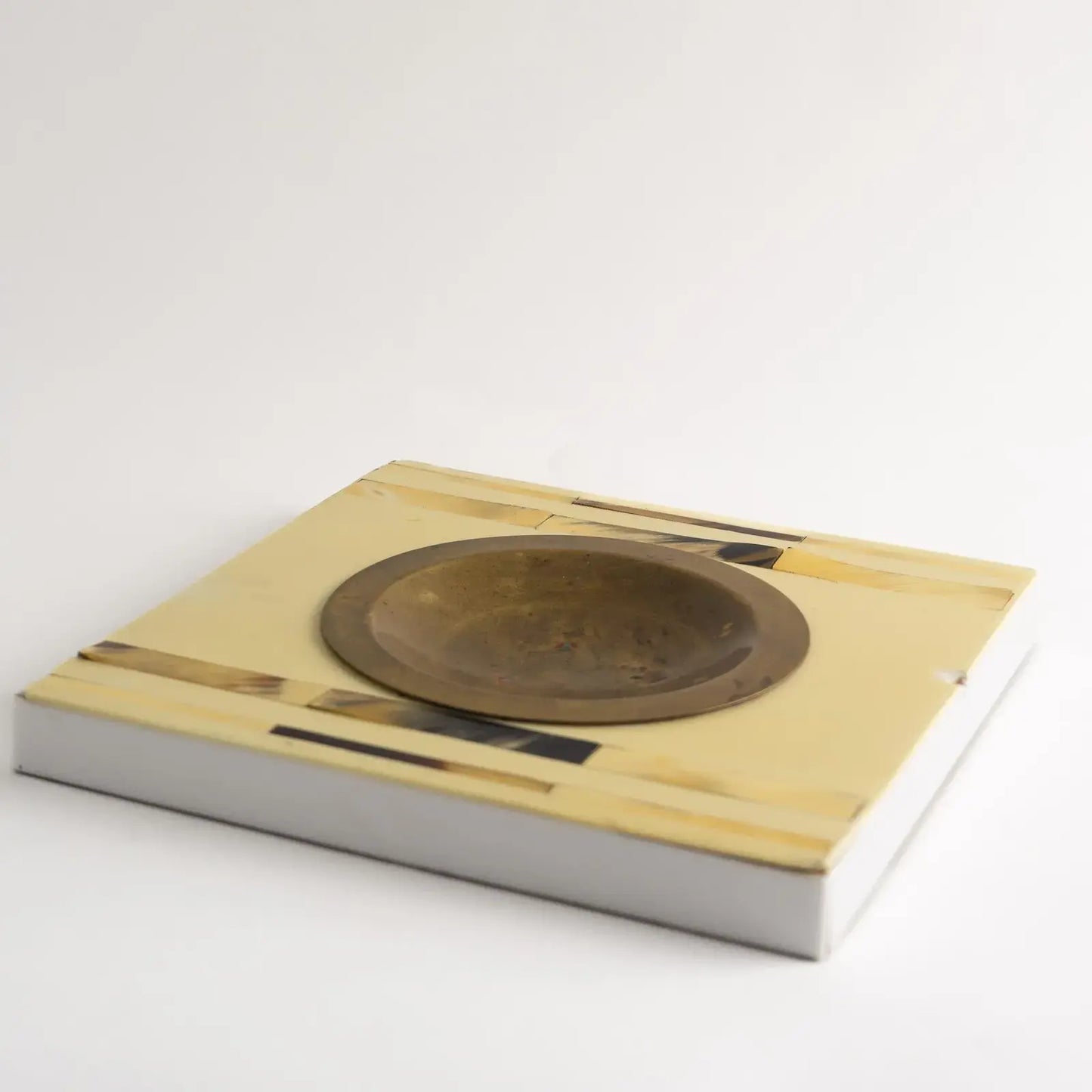 Vintage square horn inlay catchall with round brass ashtray center, side view