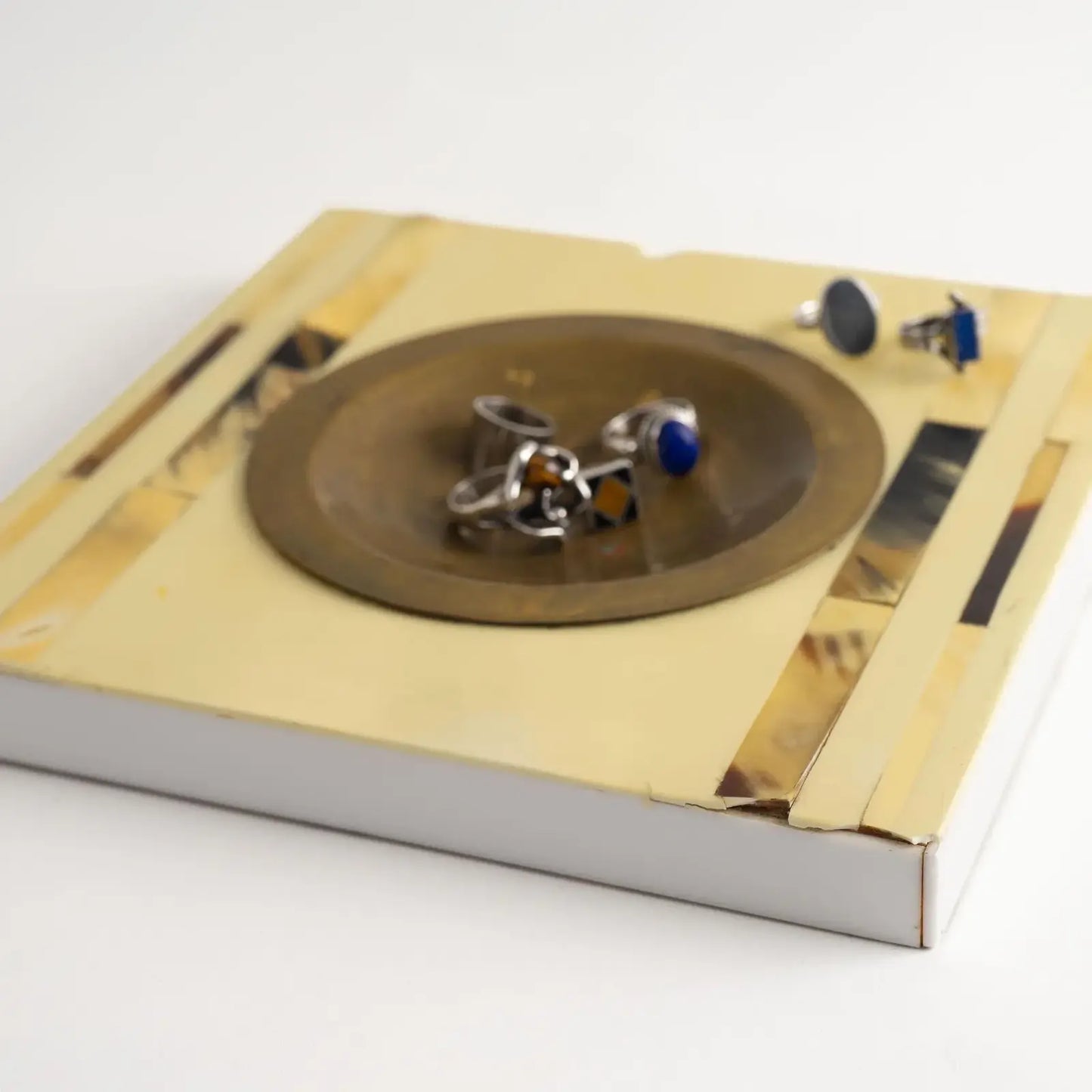 Vintage square horn inlay catchall with round brass ashtray center