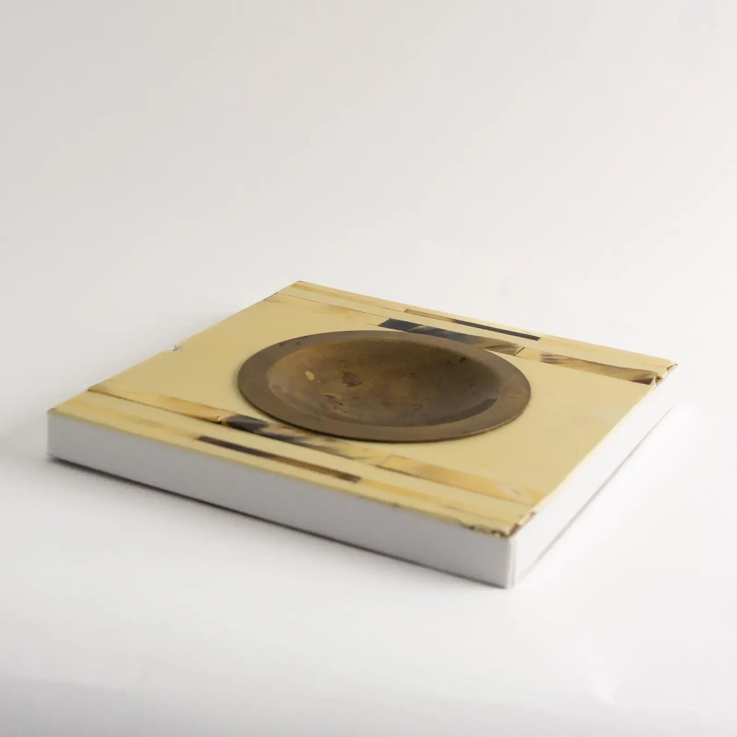 Vintage square horn inlay catchall with round brass ashtray center
