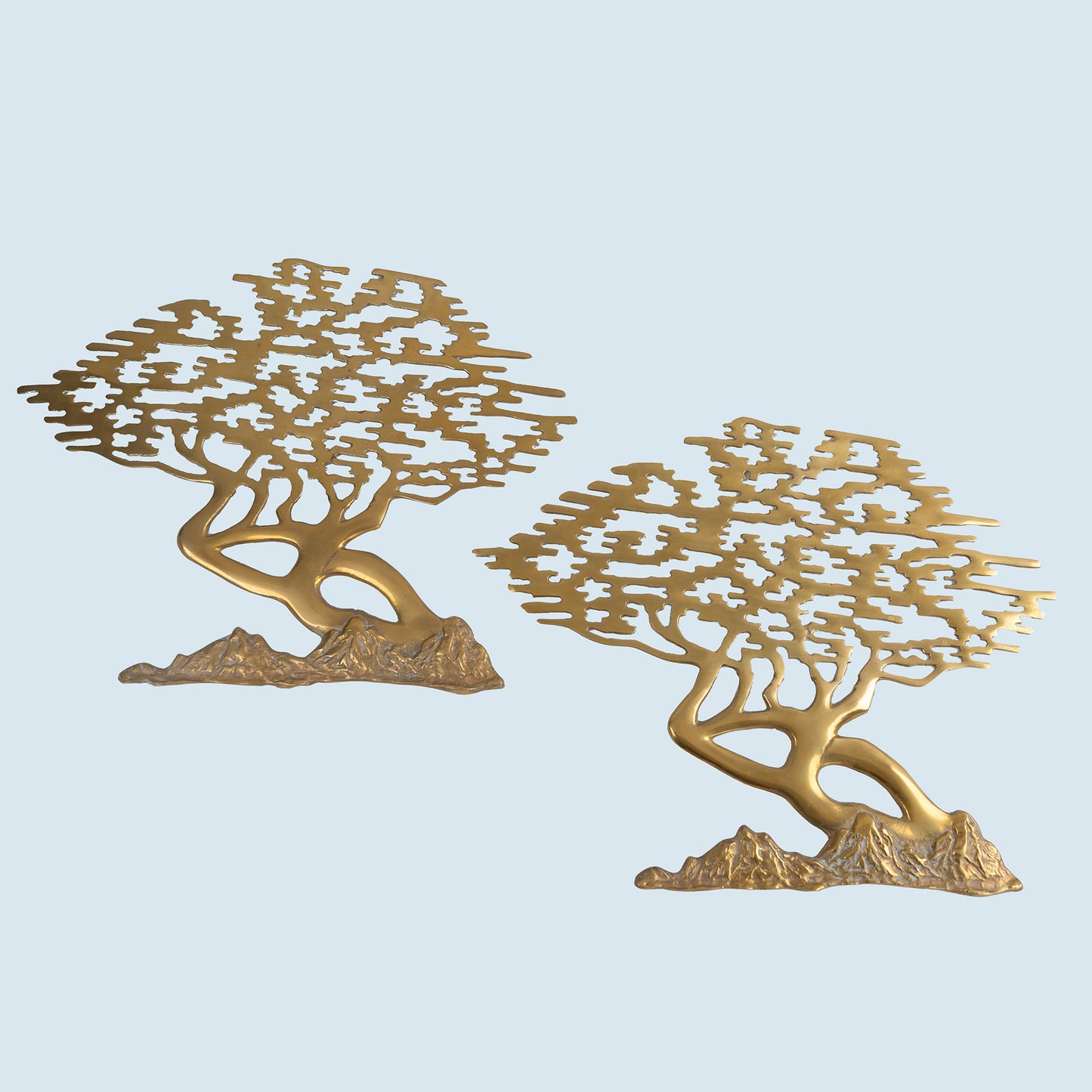 Pair of vintage Korean brass bonsai tree wall sculptures in Mid-Century modern style