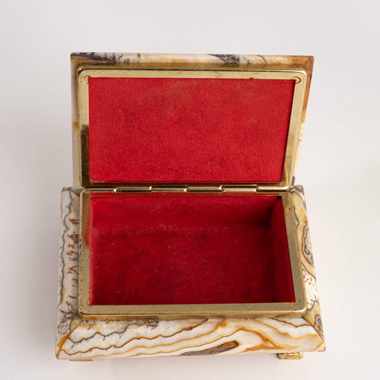 Vintage Onyx and Brass Jewelry Chest  with hinge lid opens up to red velvet 