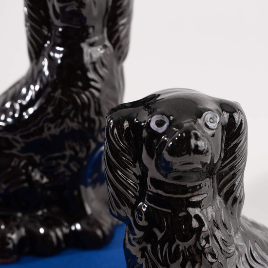 19th Century Antique Victorian Black Glaze Jackfield Spaniels Staffordshire Dogs - Close up of the eyes 