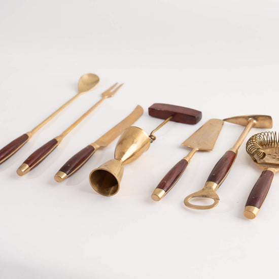 Vintage Walnut and Brass Bar Tools - Mid Century Modern