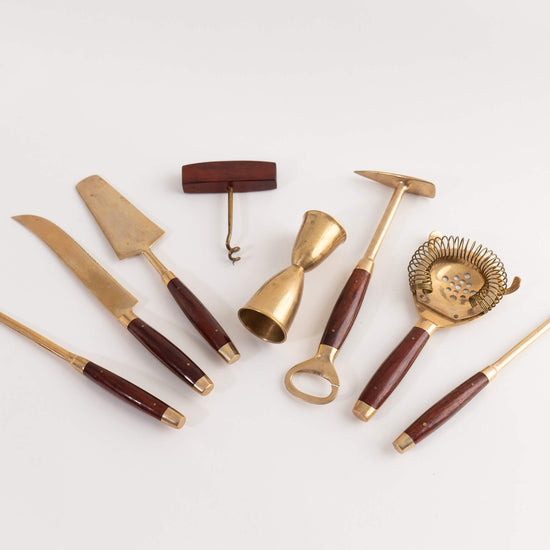 Vintage Walnut and Brass Bar Tools - Set of 8 