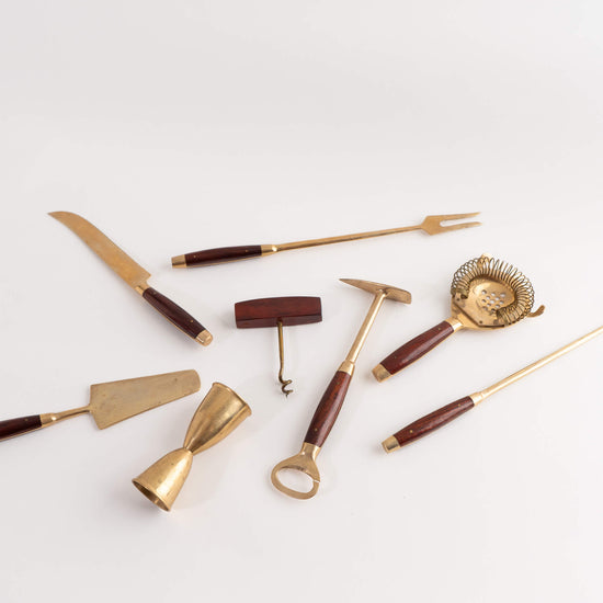 Vintage Walnut and Brass Bar Tools - Set of 8 