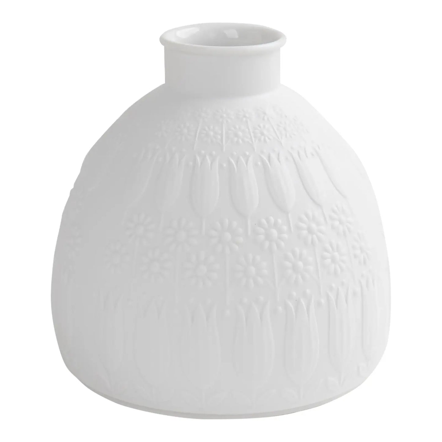 Vintage white porcelain vase with tulip and daisy relief design by Nanny Still for Heinrich & Co, Model #1904, made in Selb, Bavaria, Germany.