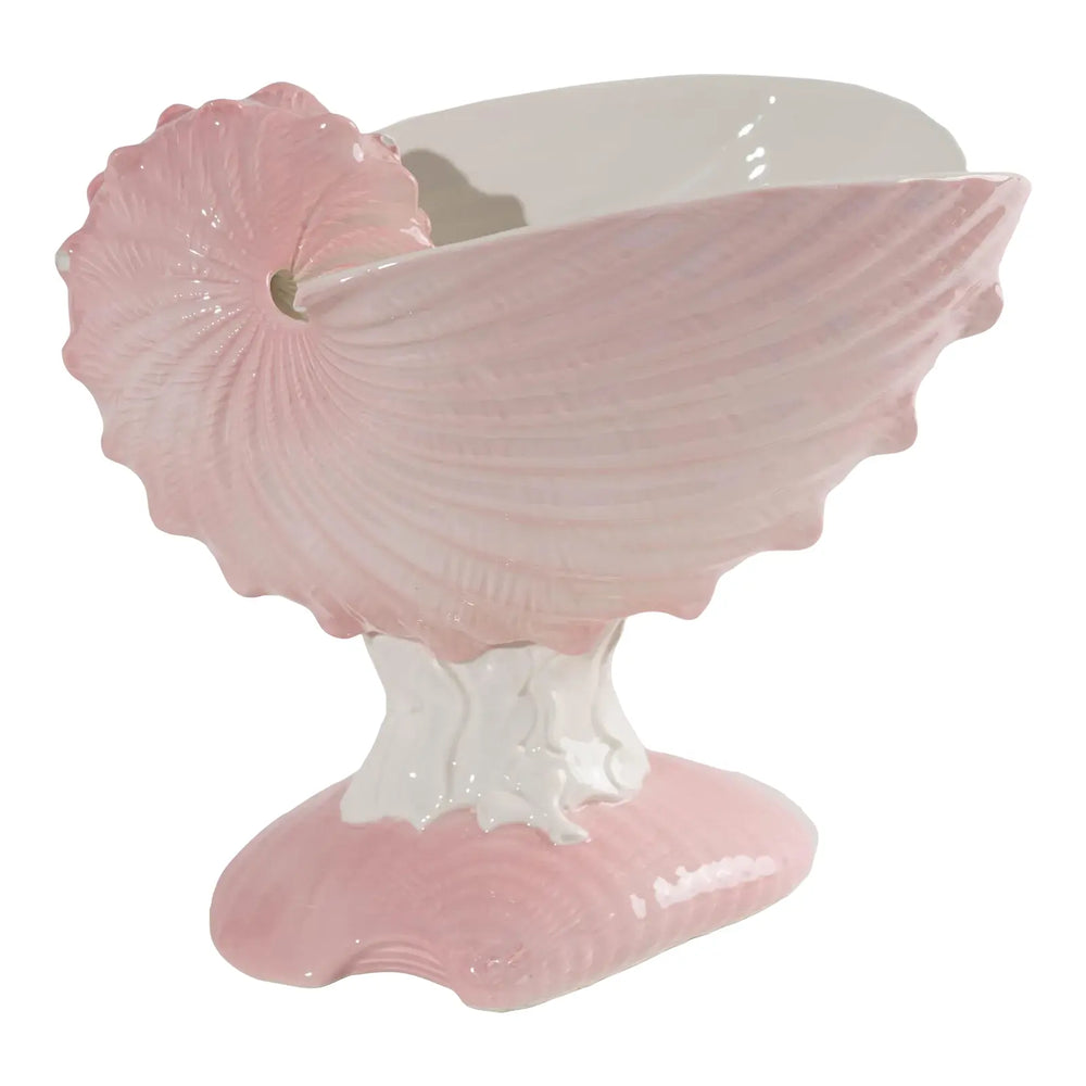 Vintage Italian Majolica Ceramic Sea Shell Vase  Pink and white coastal