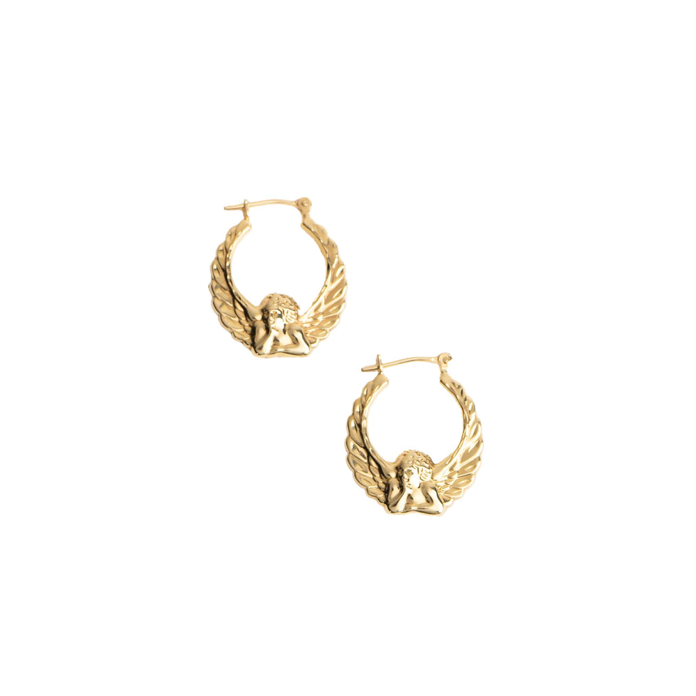 vintage 14k gold fiorucci style angel hoop earrings