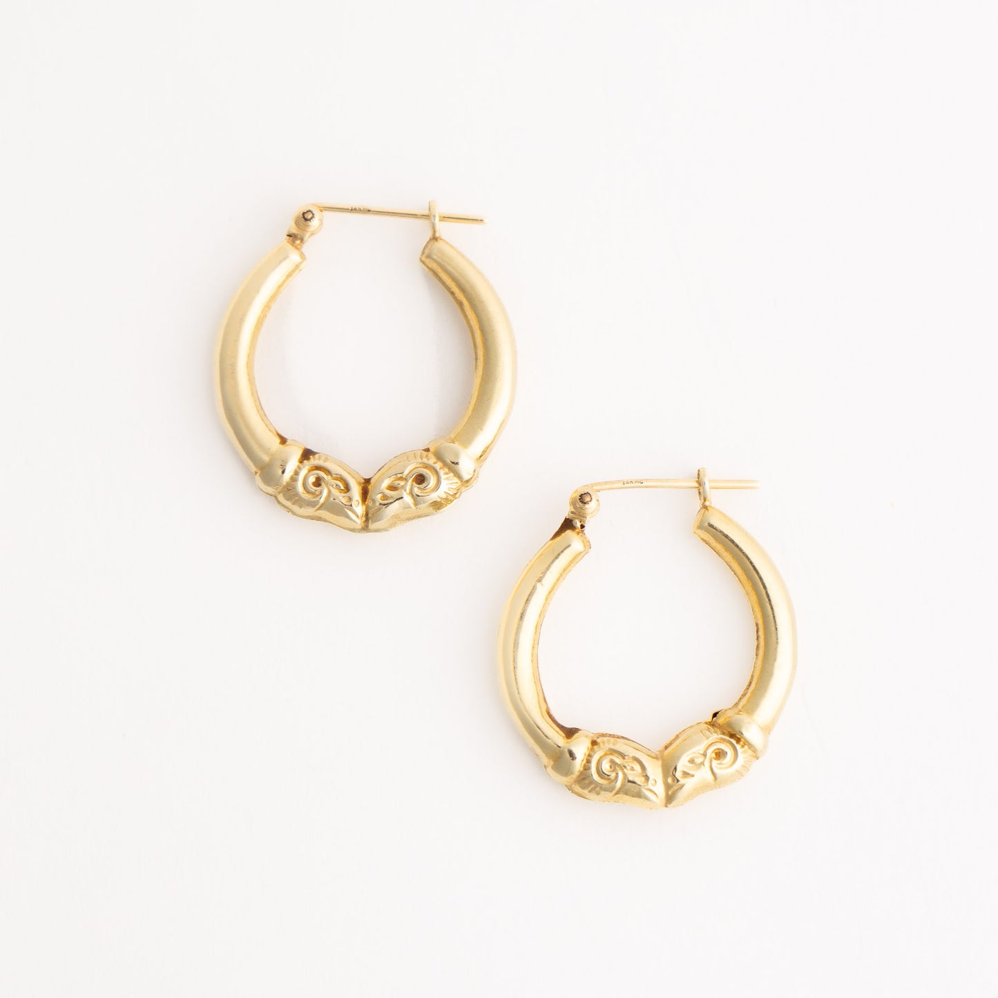 vintage 14k gold ram's head hoop earrings