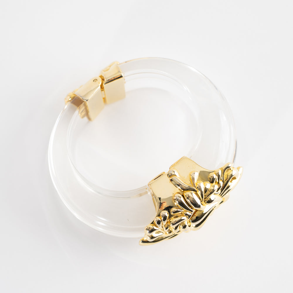 
                  
                    Vintage Inna Cytrine Paris Lucite and Gold Bangle - 1980s Cuff - Art Nouveau French Baroque Statement Jewelry
                  
                