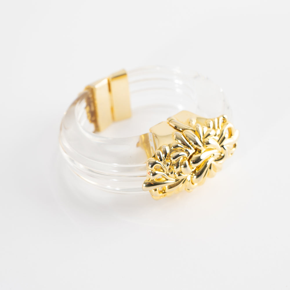 
                  
                    Vintage Inna Cytrine Paris Lucite and Gold Bangle - 1980s Cuff - Art Nouveau French Baroque Statement Jewelry
                  
                