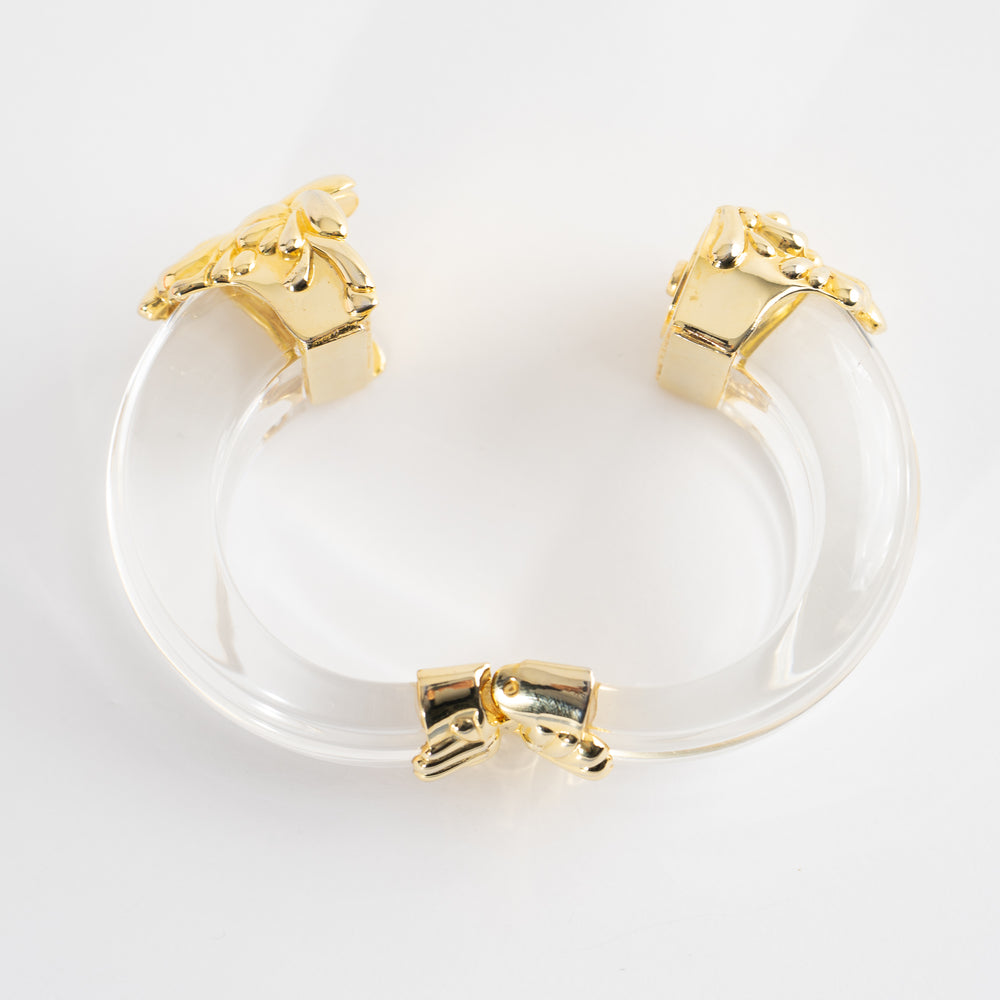 
                  
                    Vintage Inna Cytrine Paris Lucite and Gold Bangle - 1980s Cuff - Art Nouveau French Baroque Statement Jewelry
                  
                