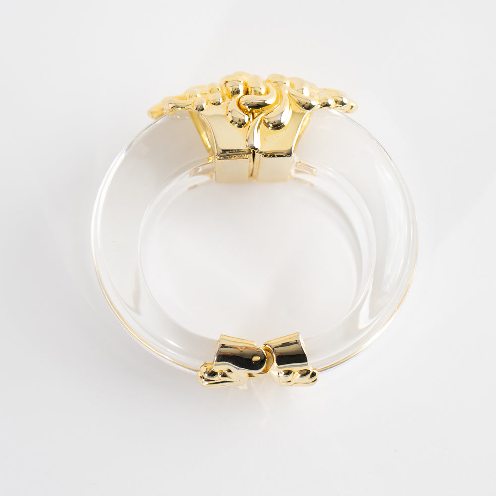
                  
                    Vintage Inna Cytrine Paris Lucite and Gold Bangle - 1980s Cuff - Art Nouveau French Baroque Statement Jewelry
                  
                