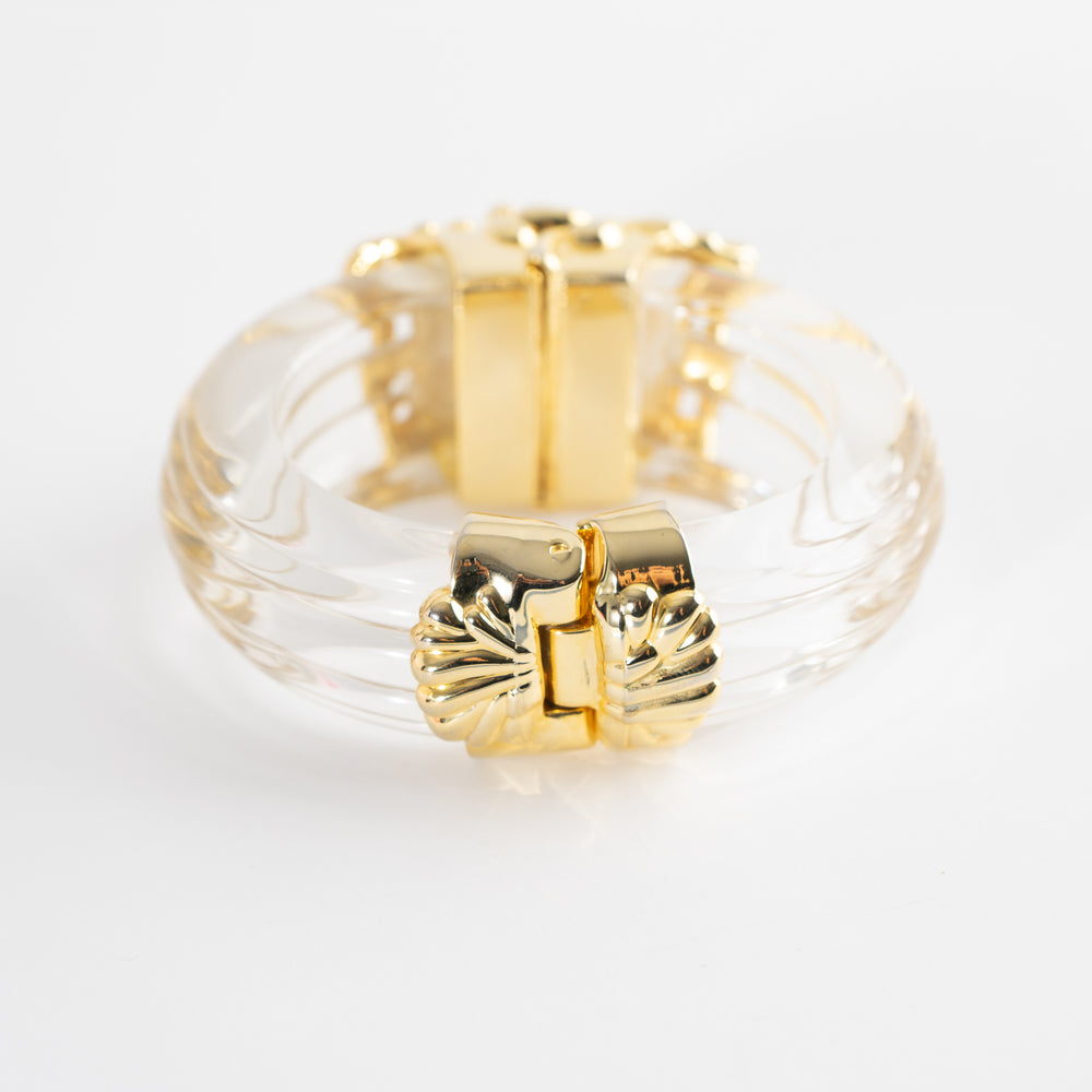 
                  
                    Vintage Inna Cytrine Paris Lucite and Gold Bangle - 1980s Cuff - Art Nouveau French Baroque Statement Jewelry
                  
                