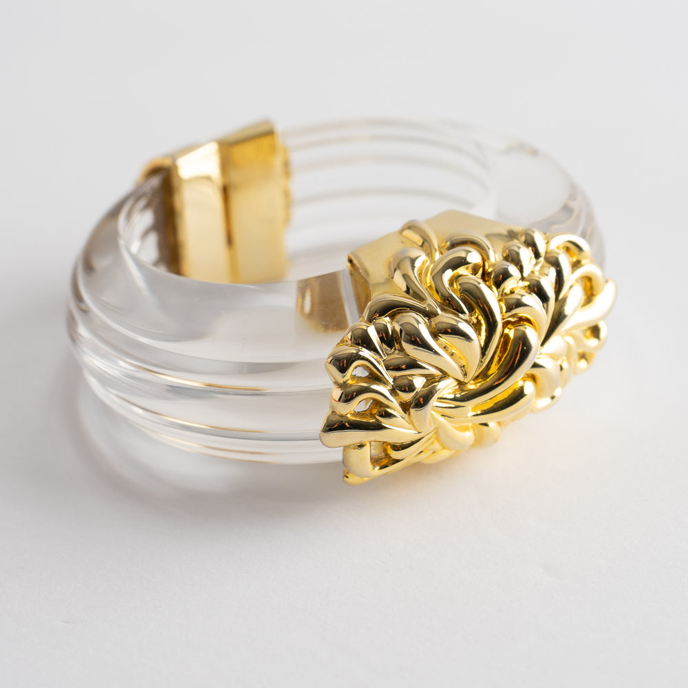 
                  
                    Vintage Inna Cytrine Paris Lucite and Gold Bangle - 1980s Cuff - Art Nouveau French Baroque Statement Jewelry
                  
                