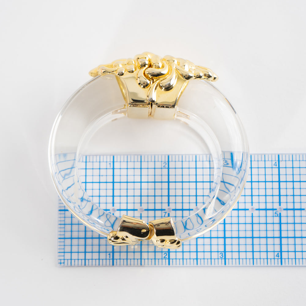 
                  
                    Vintage Inna Cytrine Paris Lucite and Gold Bangle - 1980s Cuff - Art Nouveau French Baroque Statement Jewelry
                  
                