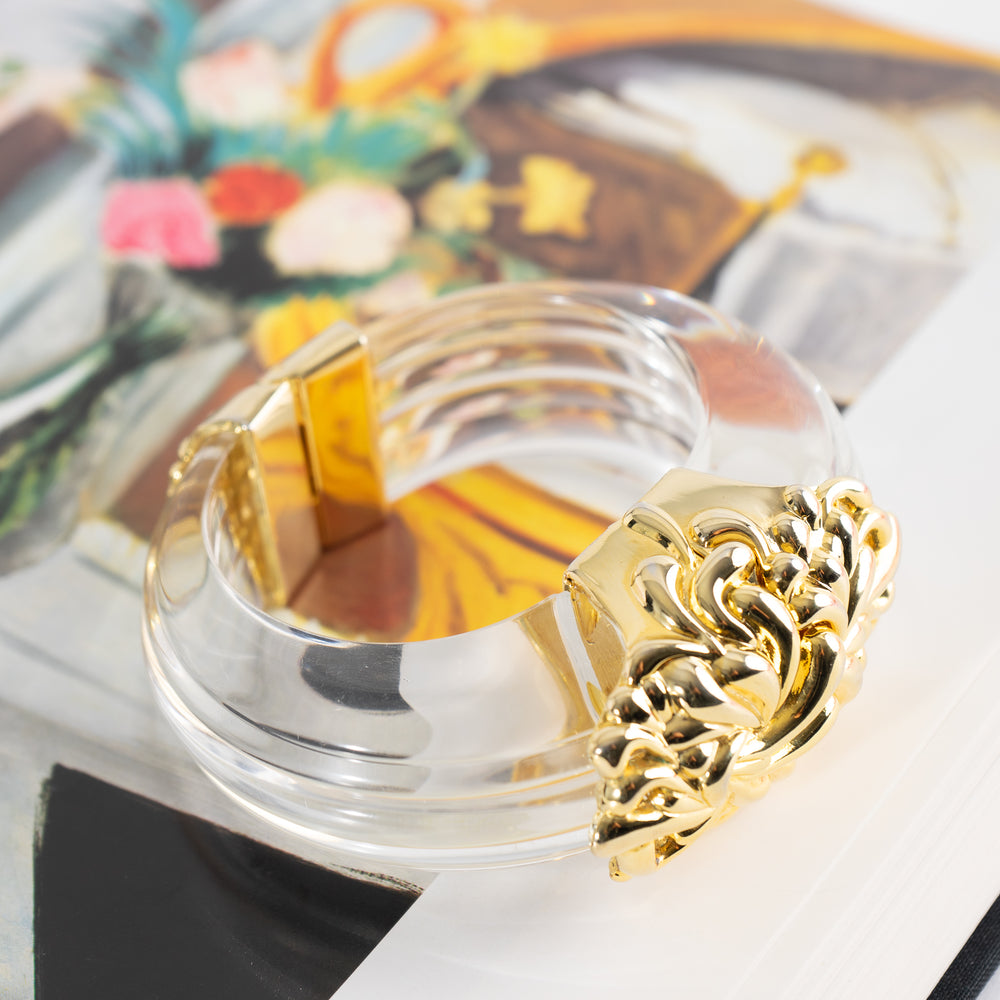 
                  
                    Vintage Inna Cytrine Paris Lucite and Gold Bangle - 1980s Cuff - Art Nouveau French Baroque Statement Jewelry
                  
                