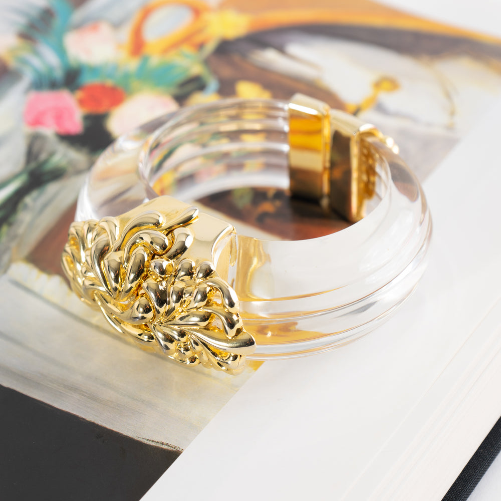 
                  
                    Vintage Inna Cytrine Paris Lucite and Gold Bangle - 1980s Cuff - Art Nouveau French Baroque Statement Jewelry
                  
                