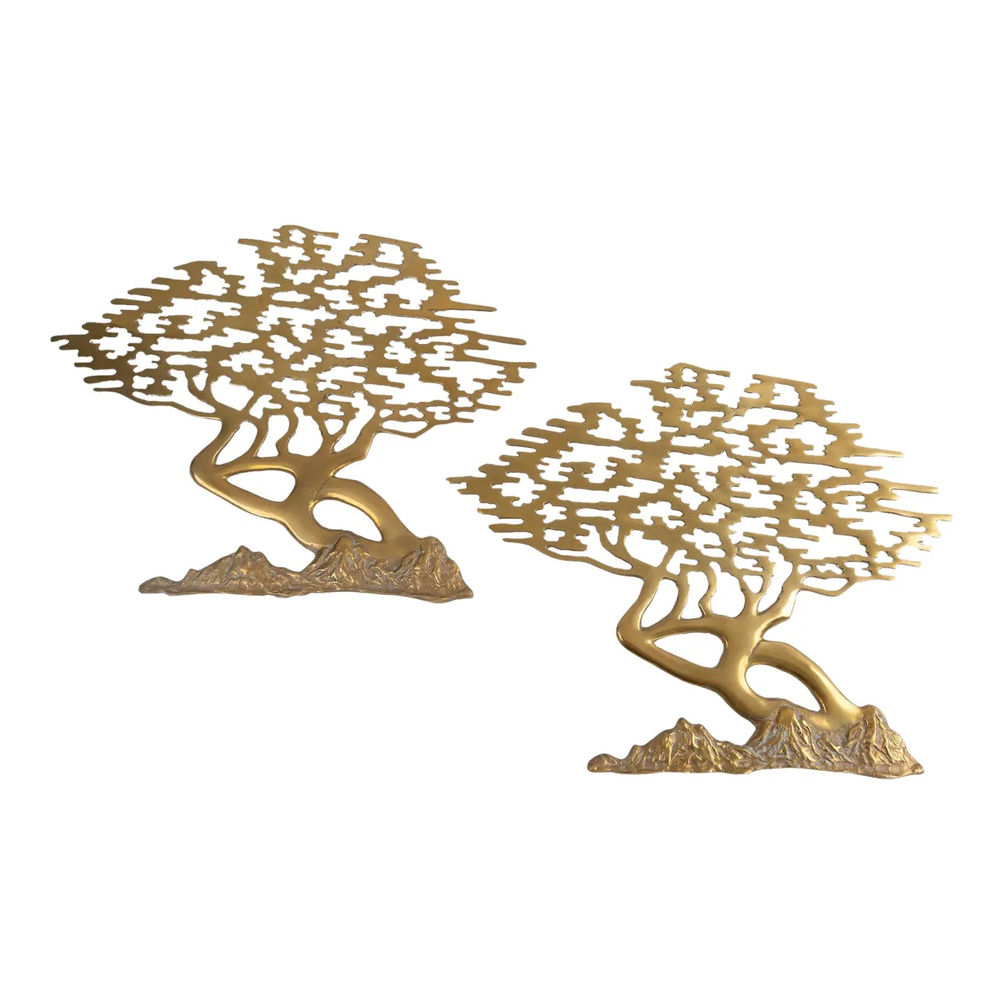 Pair of vintage Korean brass bonsai tree wall sculptures in Mid-Century modern style