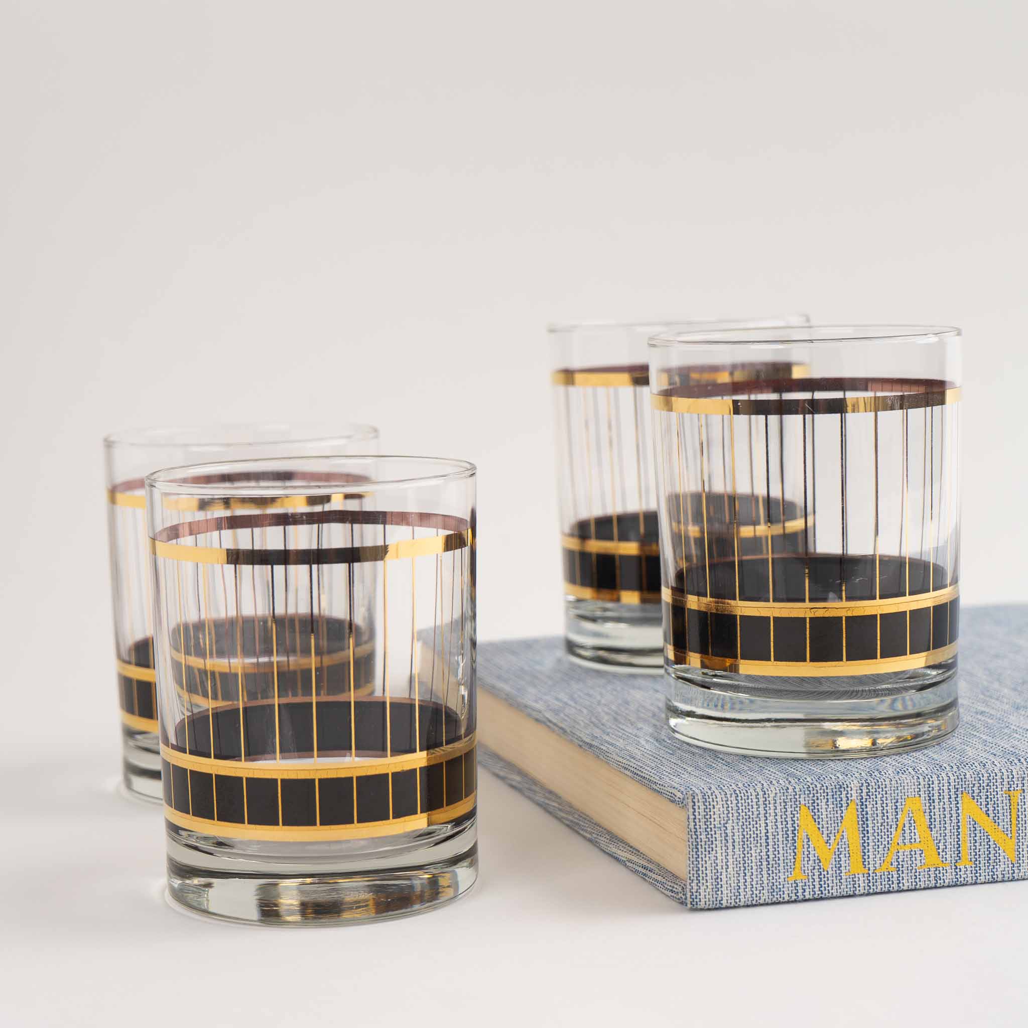 Vintage Gold Striped Old Fashioned Glasses Set - 1970s Barware