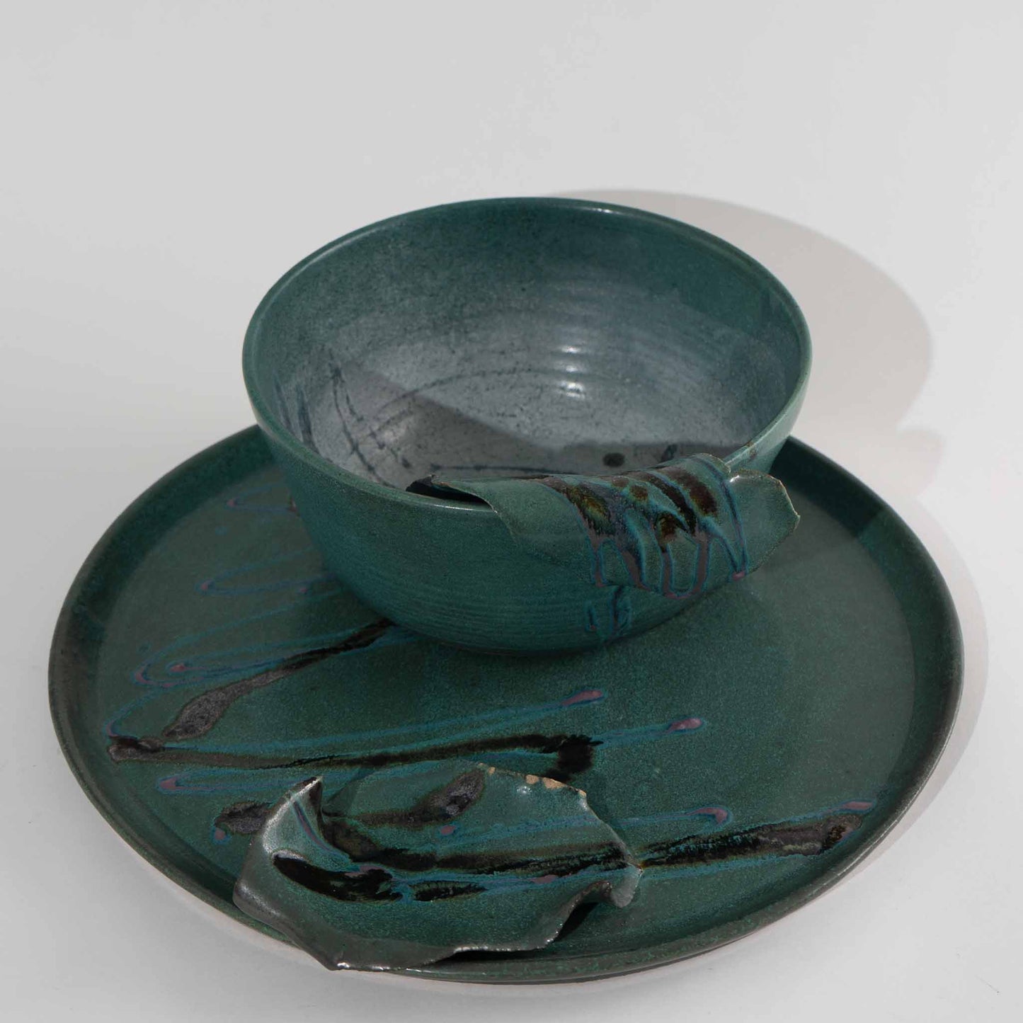 Vintage Abstract Studio Pottery Bowl and Plate - Set of 2 - teal and green - artist made