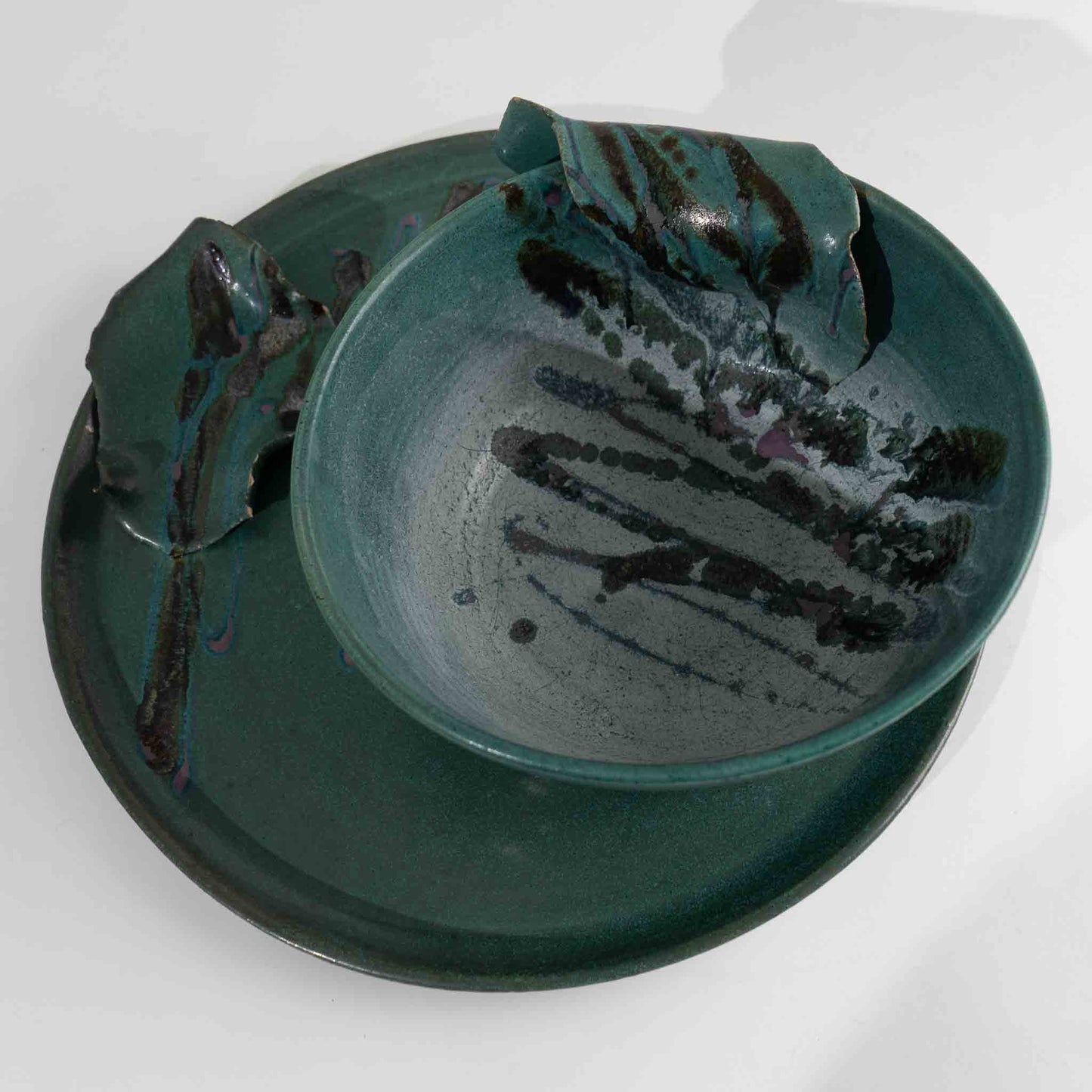 Vintage Abstract Studio Pottery Bowl and Plate - Set of 2 - teal, purple, black