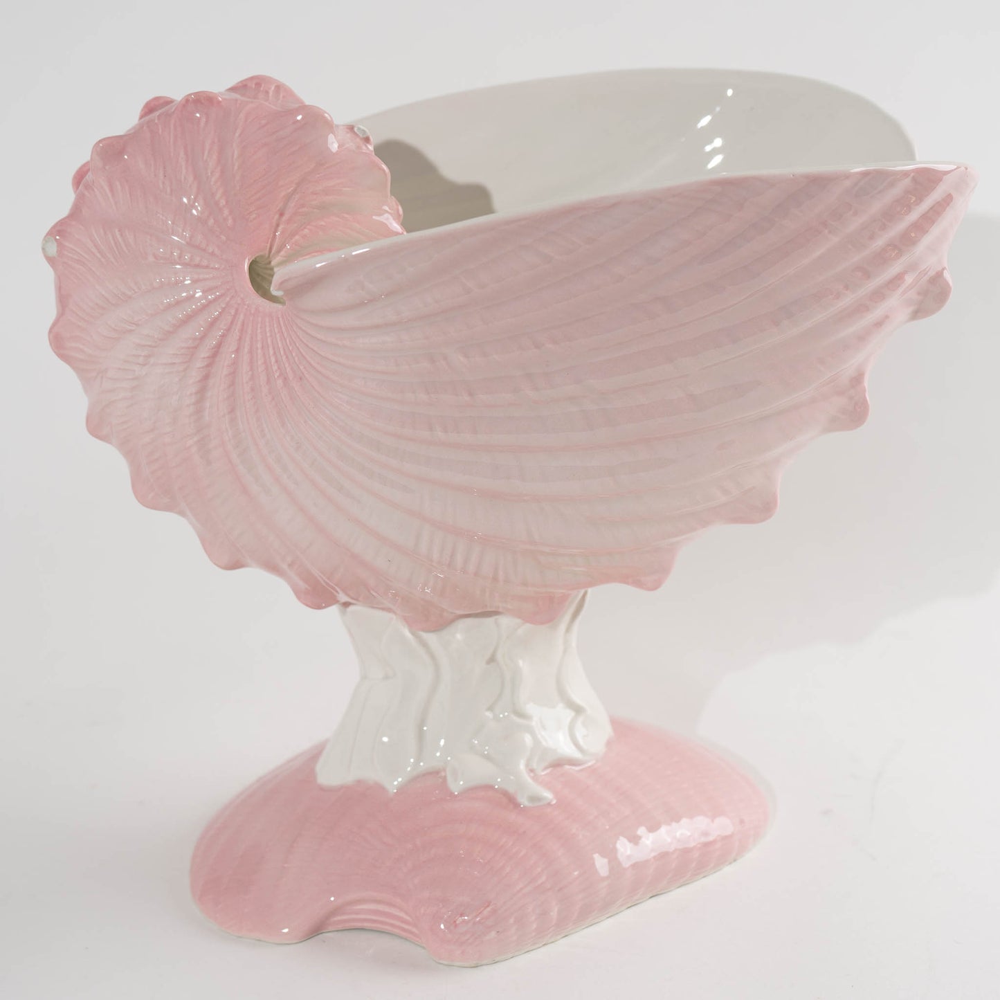 Vintage Italian Majolica Ceramic Sea Shell Vase  Pink and white coastal