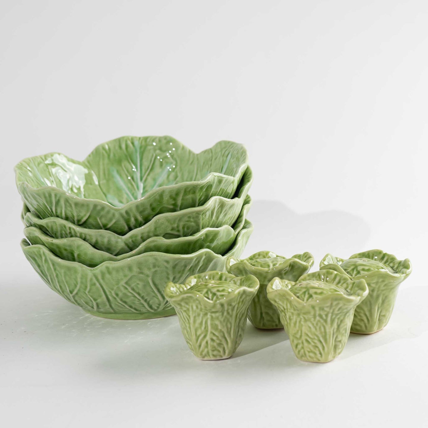 Load image into Gallery viewer, Vintage Majolica Green Lettuce Salad Bowls &amp;amp; Salt and Pepper Shakers - 8 Pieces
