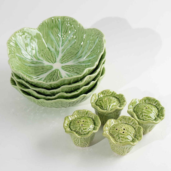 Vintage Majolica Green  Cabbage Lettuce Salad Bowls & Salt and Pepper Shakers 