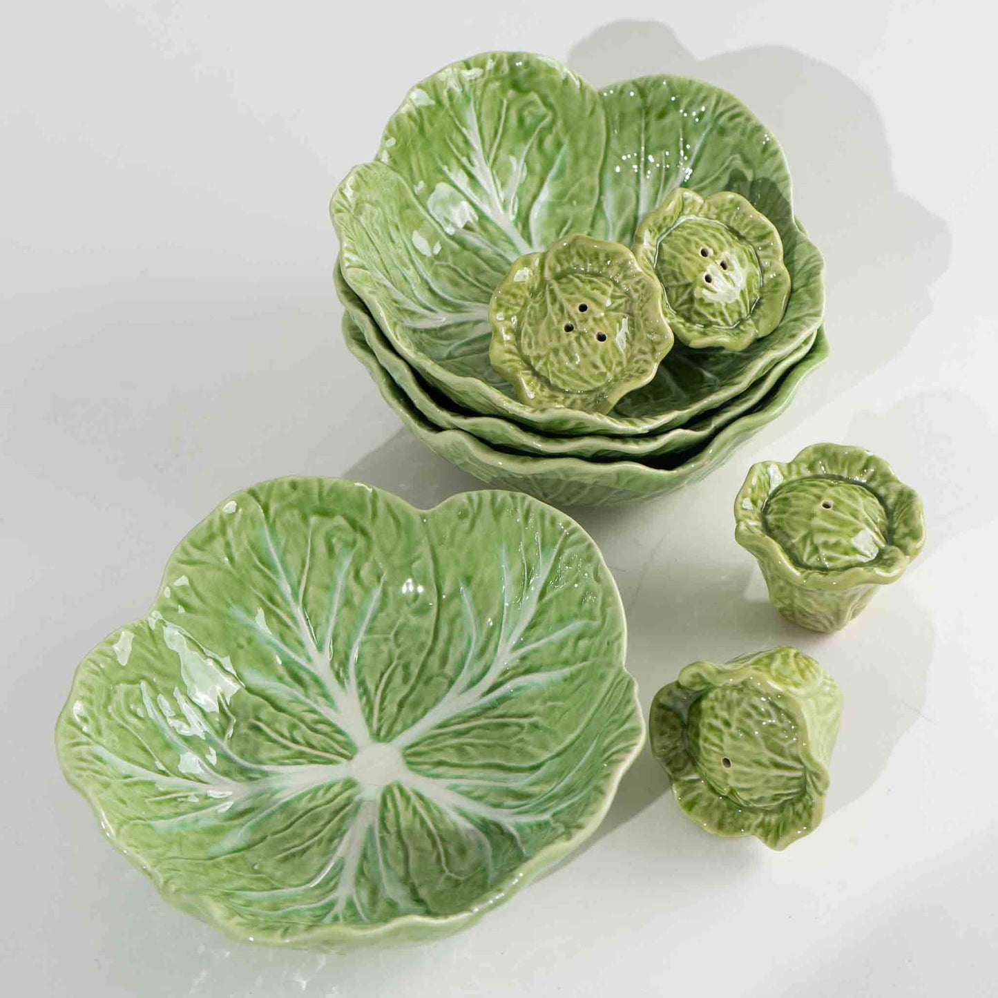 Vintage Majolica Green  Cabbage Lettuce Salad Bowls & Salt and Pepper Shakers  - Bordallo Pinheiro - Portugal
