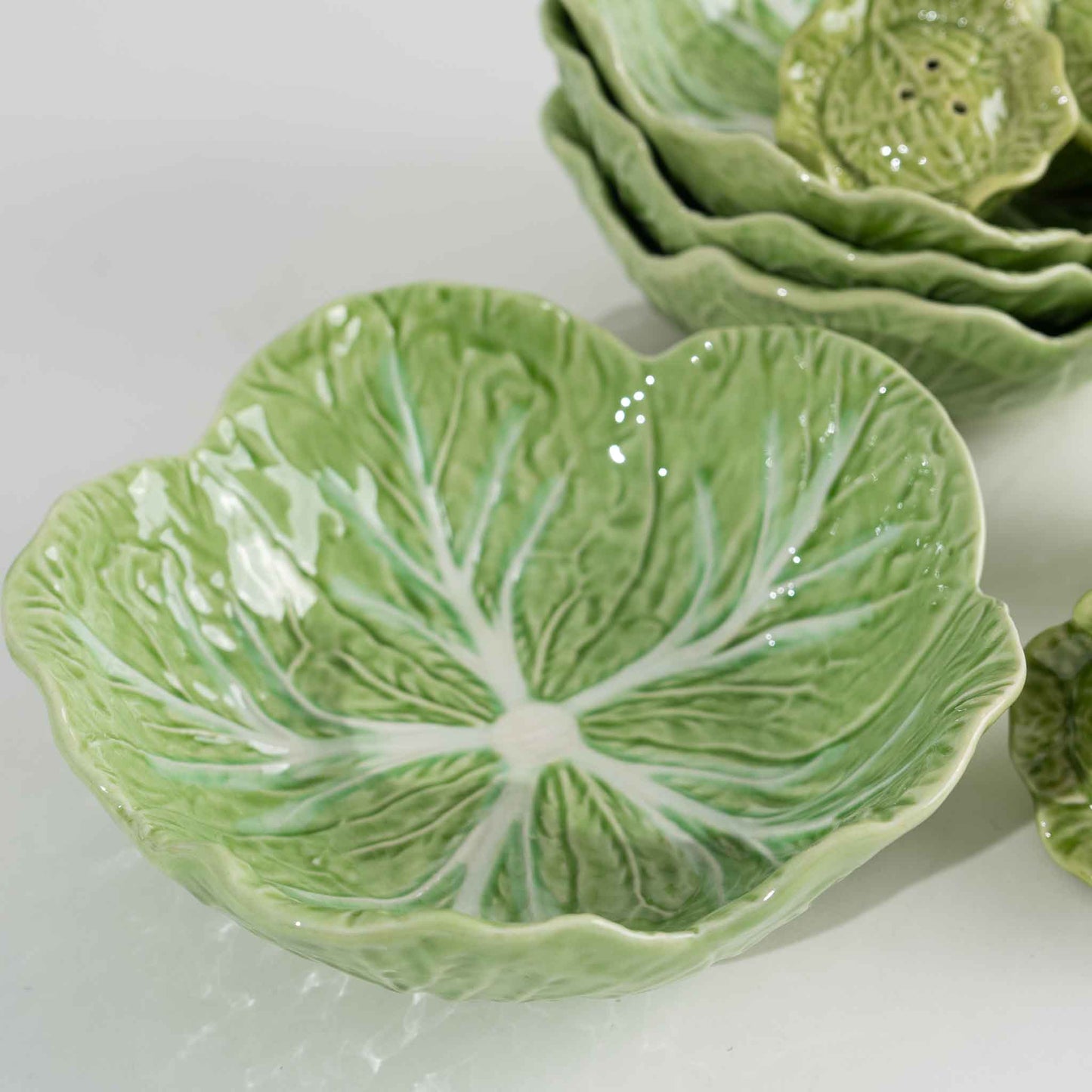 Vintage Majolica Green  Cabbage Lettuce Salad Bowls & Salt and Pepper Shakers  - Bordallo Pinheiro - Portugal