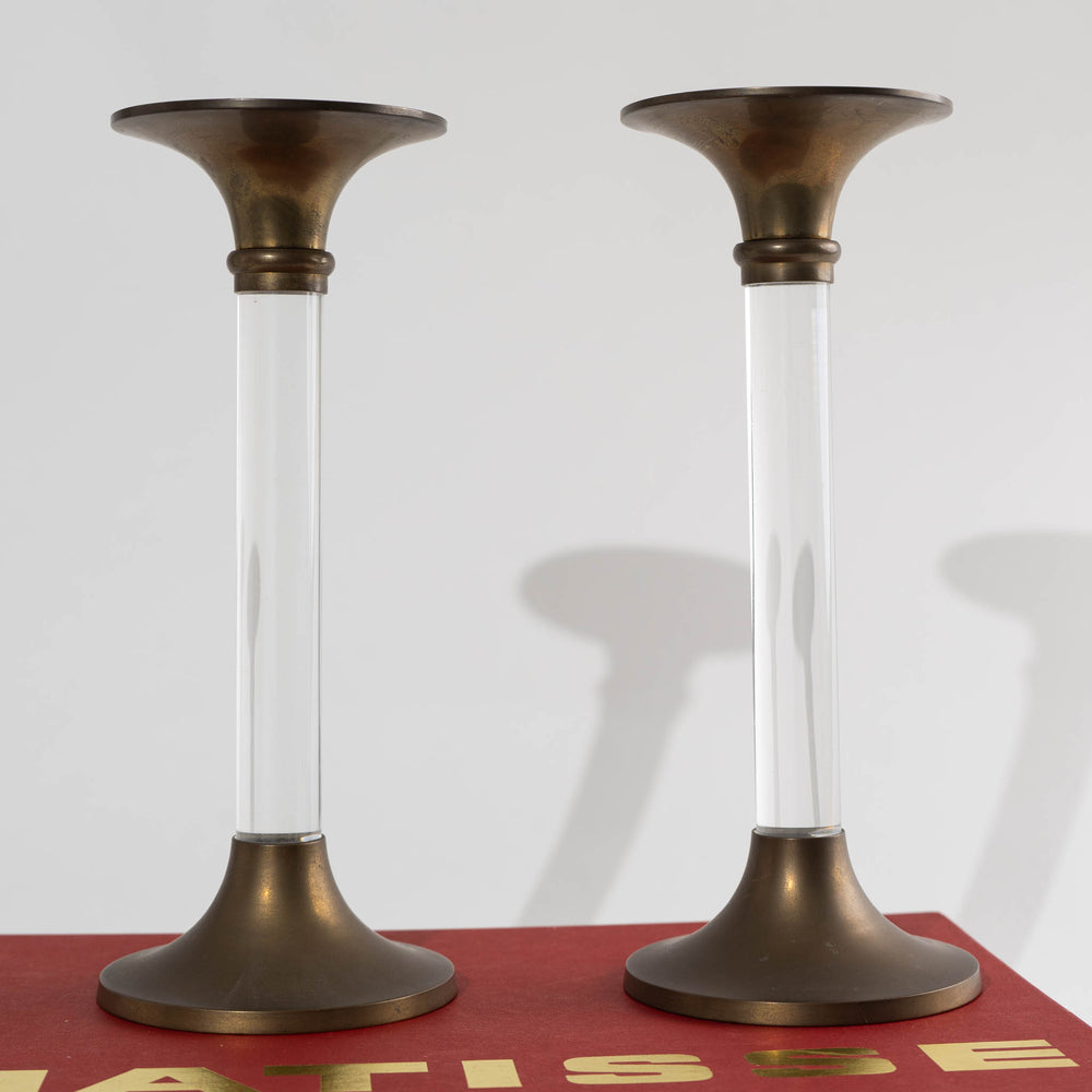 Vintage Lucite and Brass Candlestick Holders - A Pair