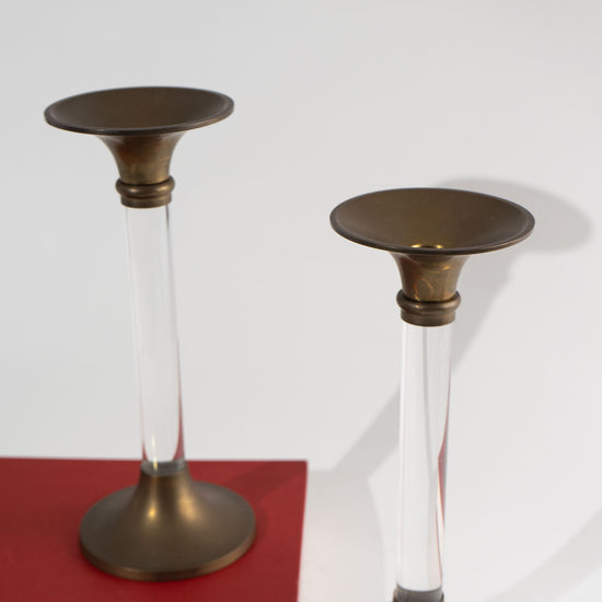 Vintage Lucite and Brass Candlestick Holders - A Pair