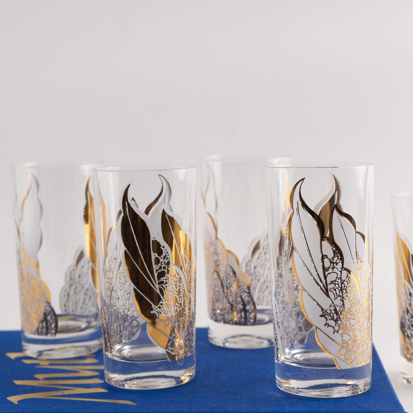 Vintage White and Gold Fan Highball Cocktail Glasses  in the style of christian dior