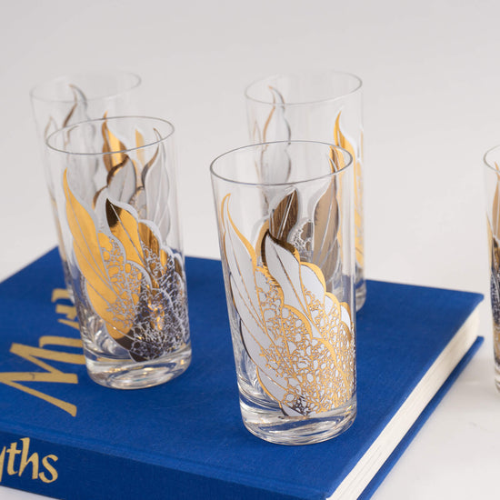 Set of 6 vintage highball cocktail glasses with a gold and white fan motif
