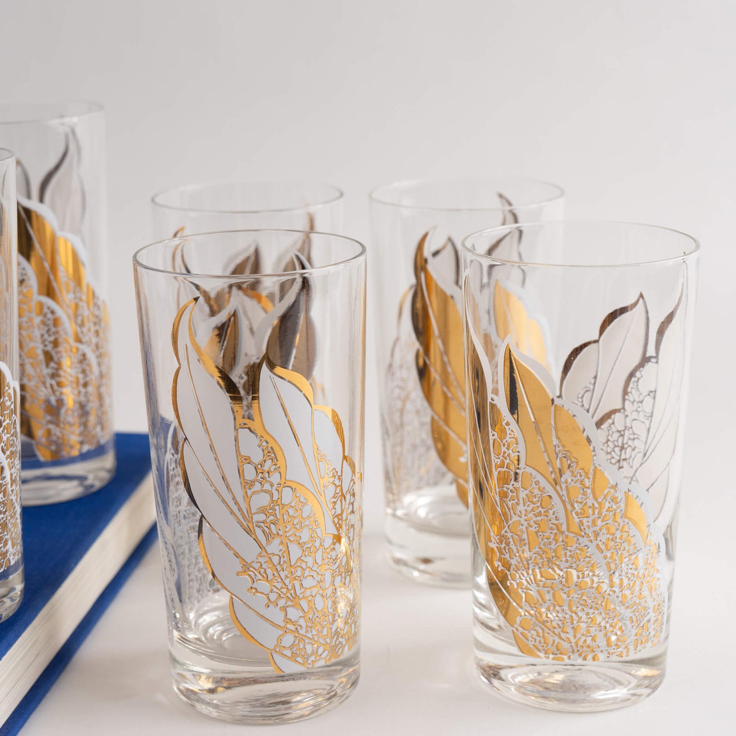Set of 6 vintage highball cocktail glasses with a gold and white fan motif