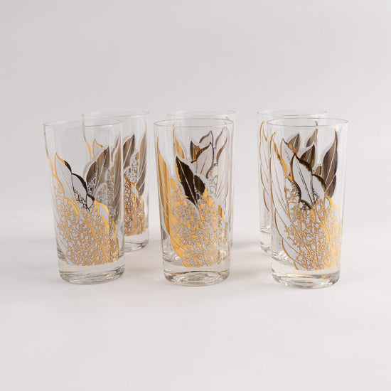 Vintage White and Gold Fan Highball Cocktail Glasses - Set of 6 