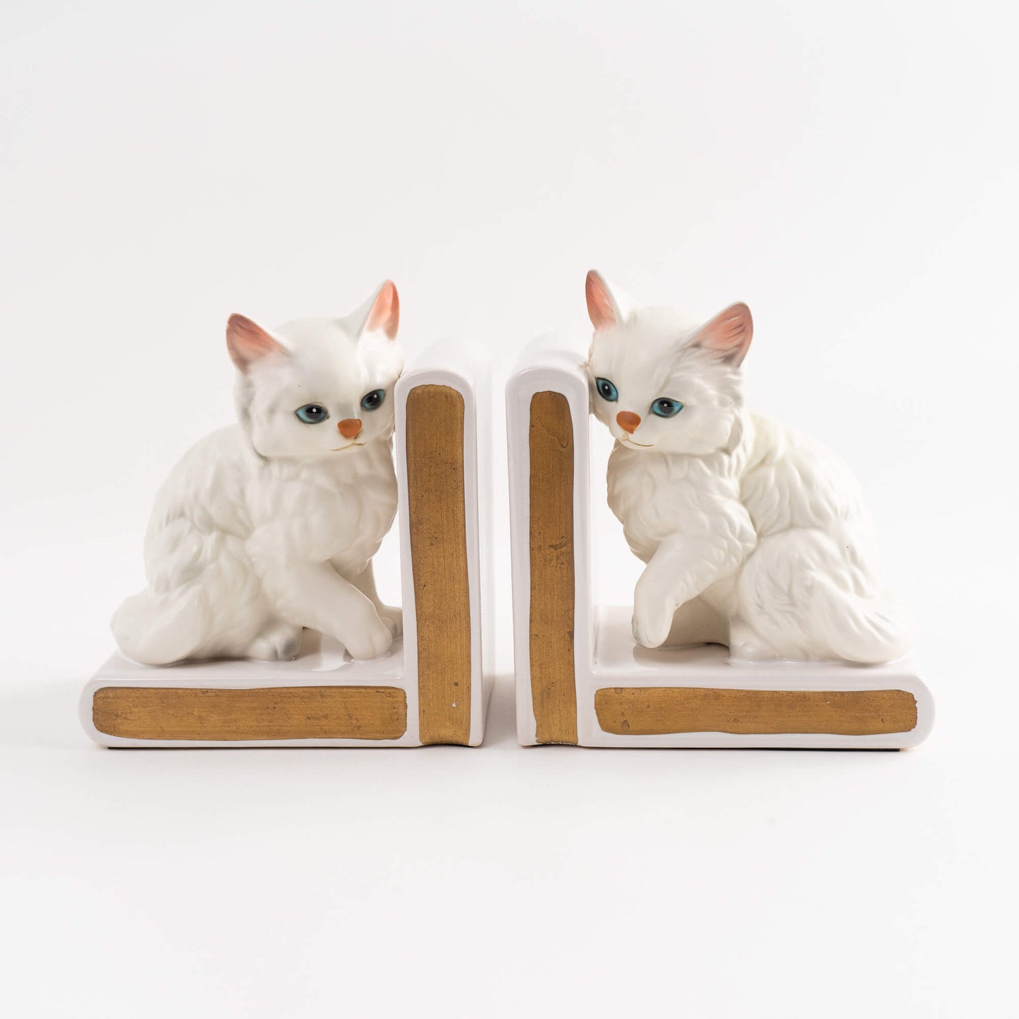 Vintage White Kitten Ceramic Bookends - A Pair