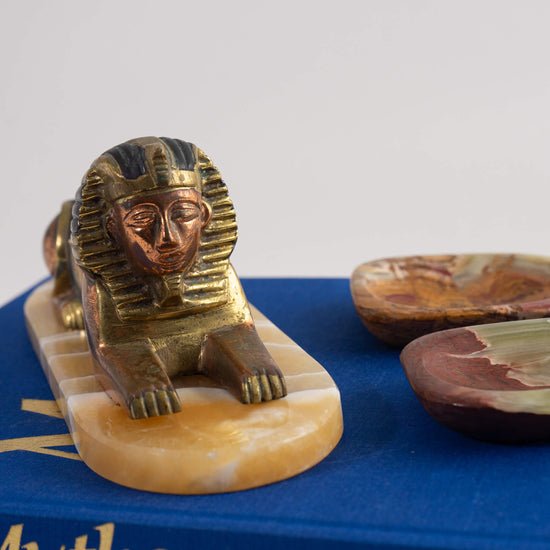 Vintage Egyptian Brass and Stone Sphinx Figure Decor Set - 3 Pieces