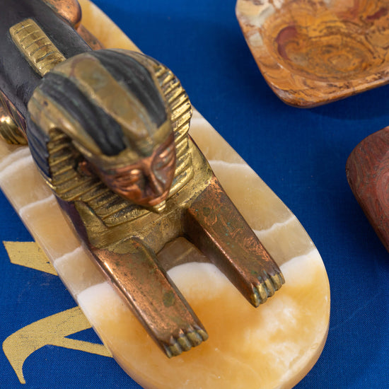 Load image into Gallery viewer, Vintage Egyptian Brass and Stone Sphinx Figure Decor Set - 3 Pieces
