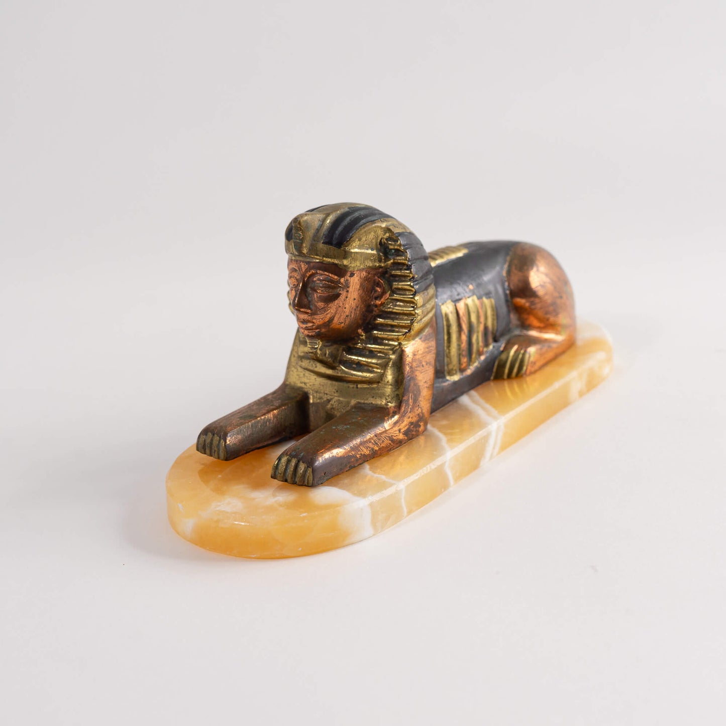 Vintage Egyptian Brass and Stone Sphinx Figure Decor Set