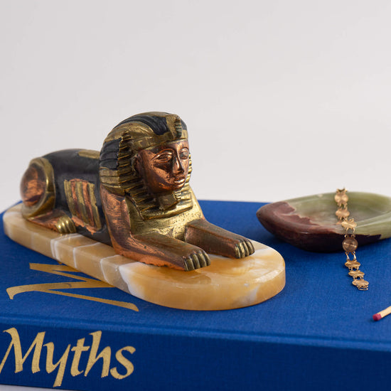 Vintage Egyptian Brass and Stone Sphinx Figure Decor Set 
