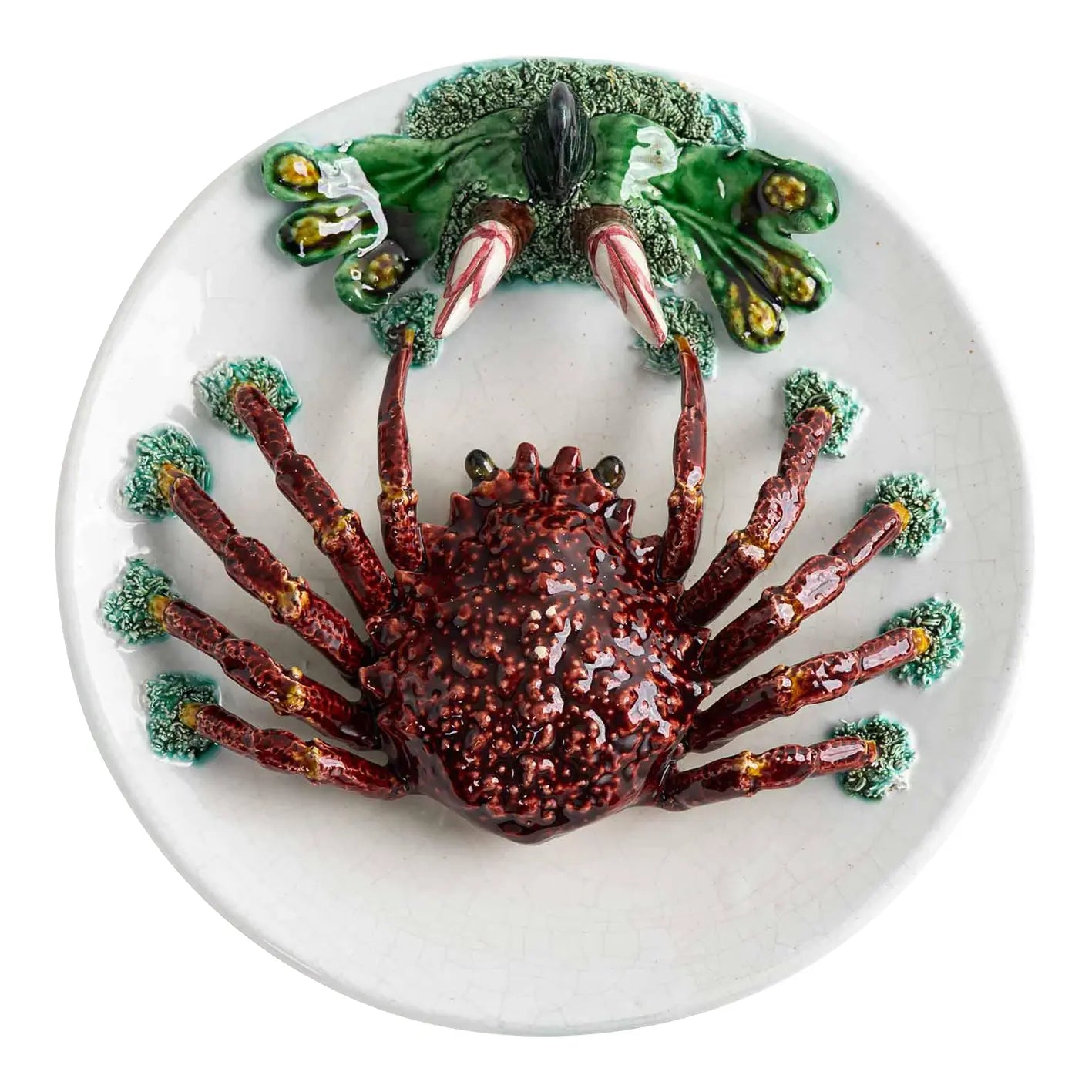 Vintage hand-painted majolica plate with trompe l'oeil red crab, seaweed and mussel in Palissy style
